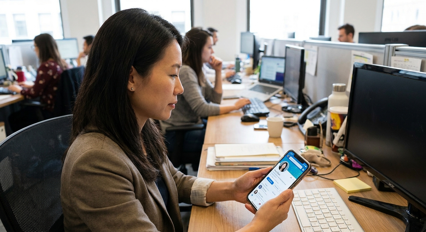 A person holding a smartphone while viewing a professional networking profile on screen at a desk, realistic office setting