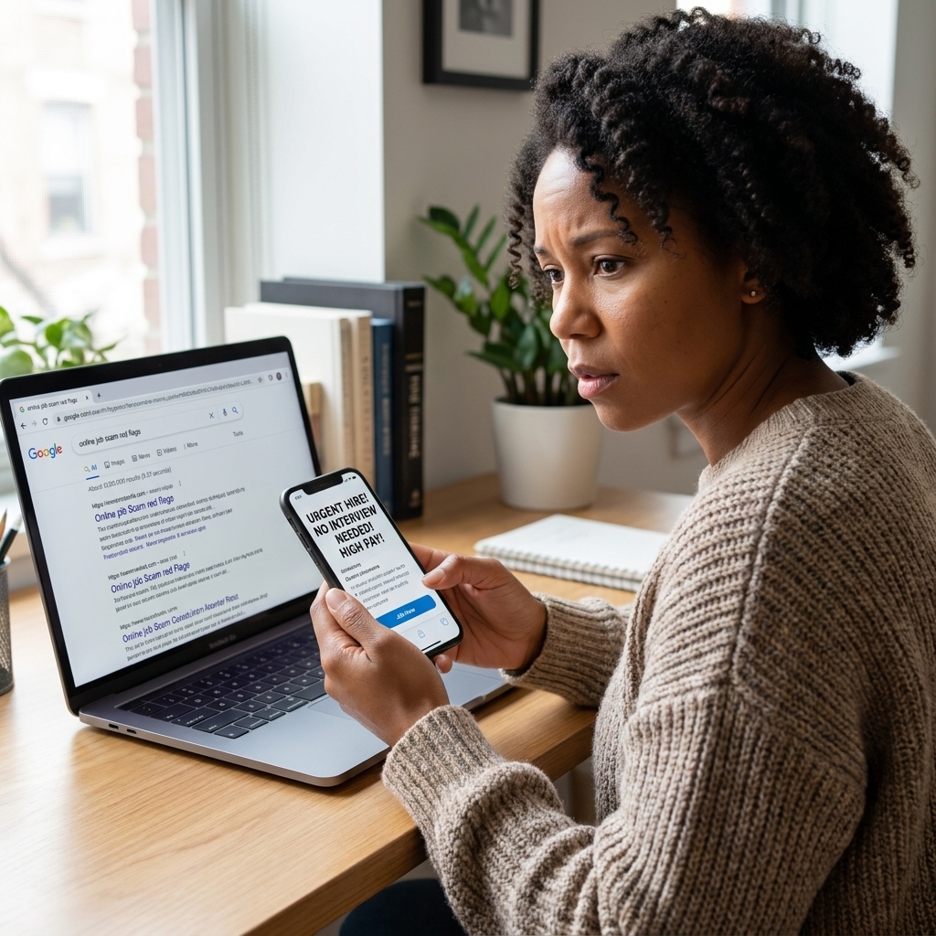 A person holding a smartphone while viewing an online job listing, with a laptop open beside them in a home setting, suggesting careful review for scam warnings