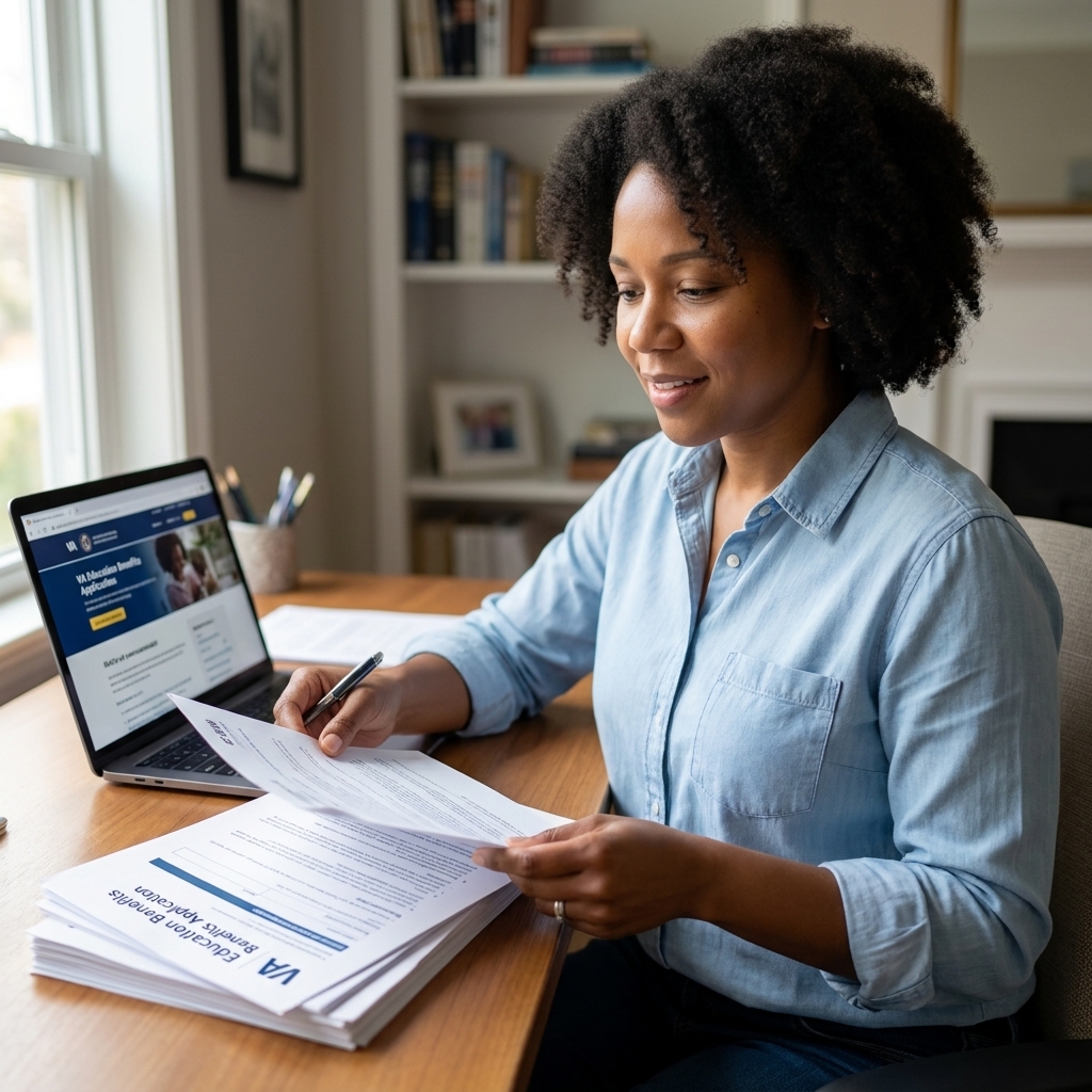 A person organizing VA education paperwork on a desk next to a laptop and pen