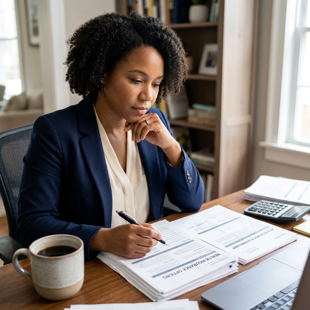 A person reviewing health insurance and retirement plan paperwork at a desk with a pen and a cup of coffee