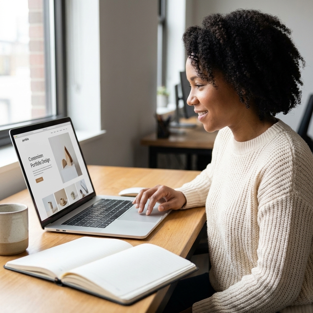 A person scrolling through a clean portfolio website on a laptop at a desk with a notebook nearby, natural light office photo