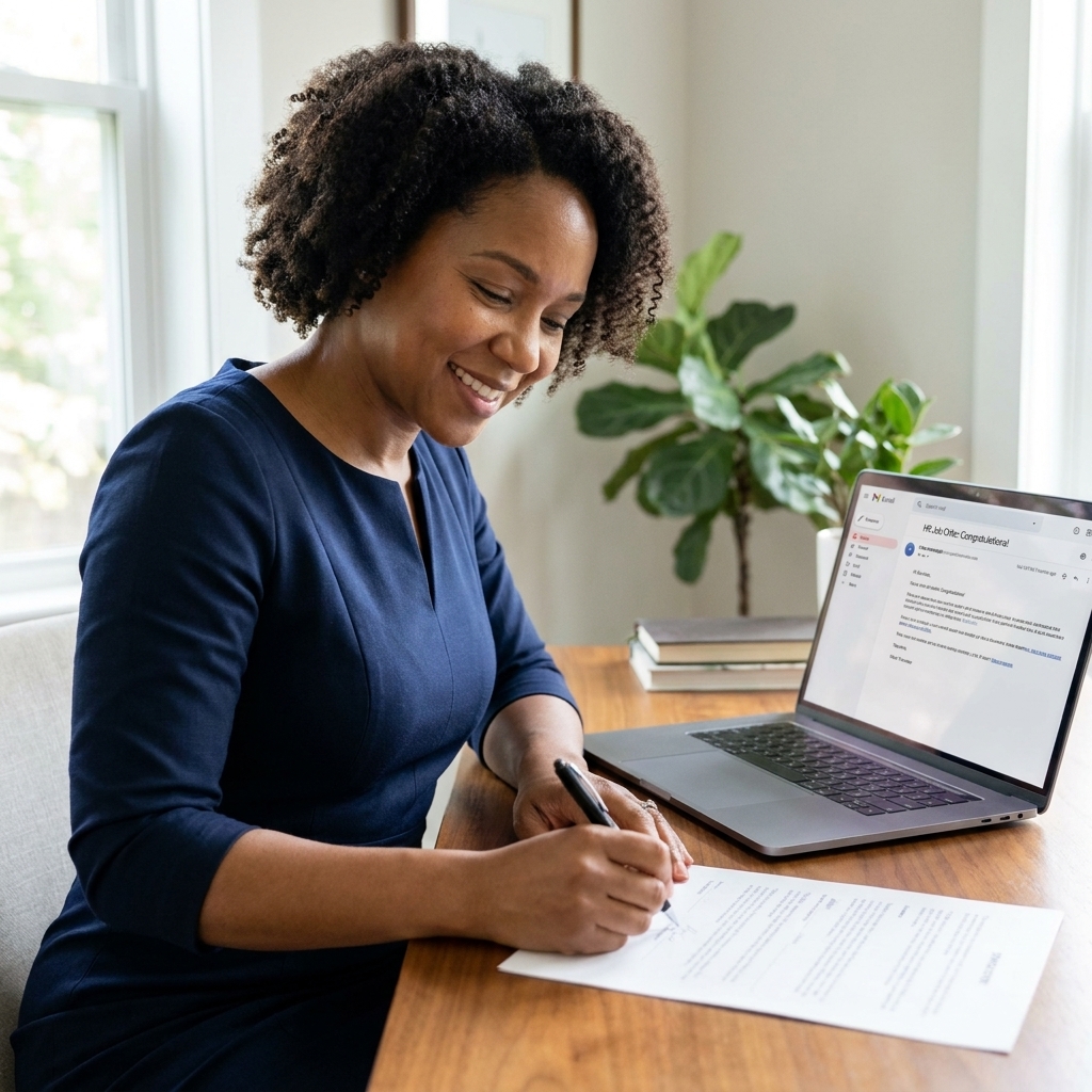 A person signing job offer paperwork at a desk with a pen and a laptop open to an email from HR