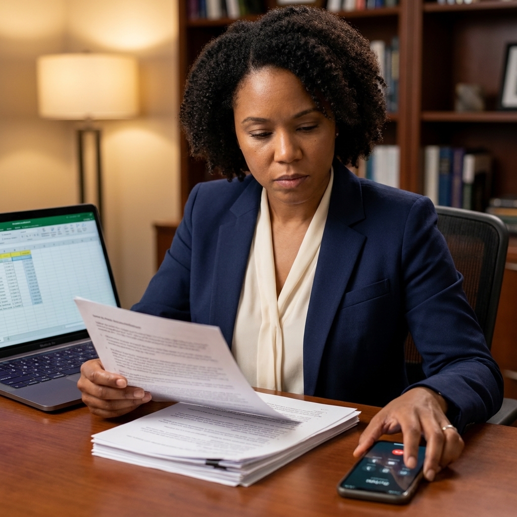A person sitting at a desk reviewing printed documents next to a laptop, with a phone placed nearby as if preparing to make a verification call