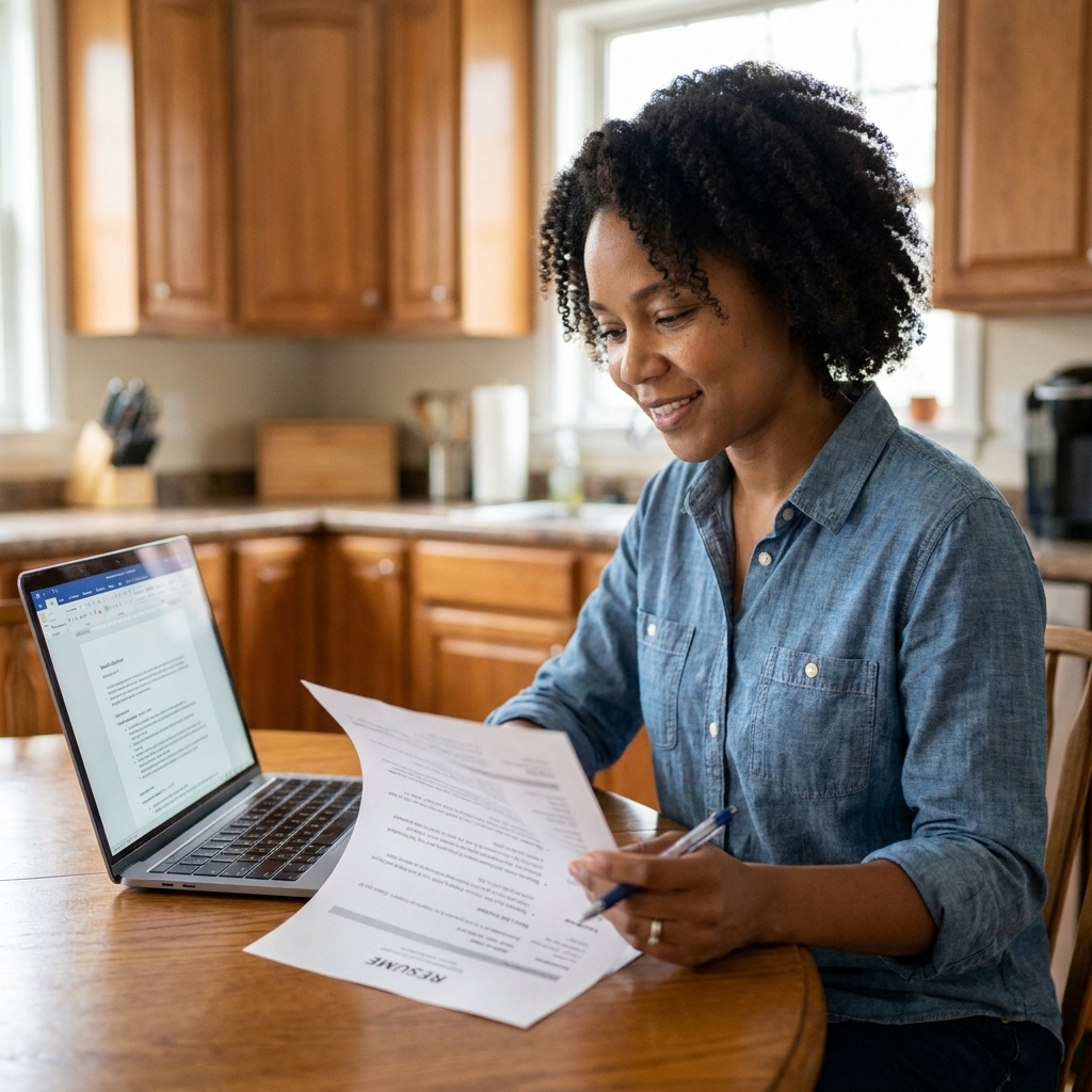 A person sitting at a kitchen table reviewing a printed resume with a laptop open