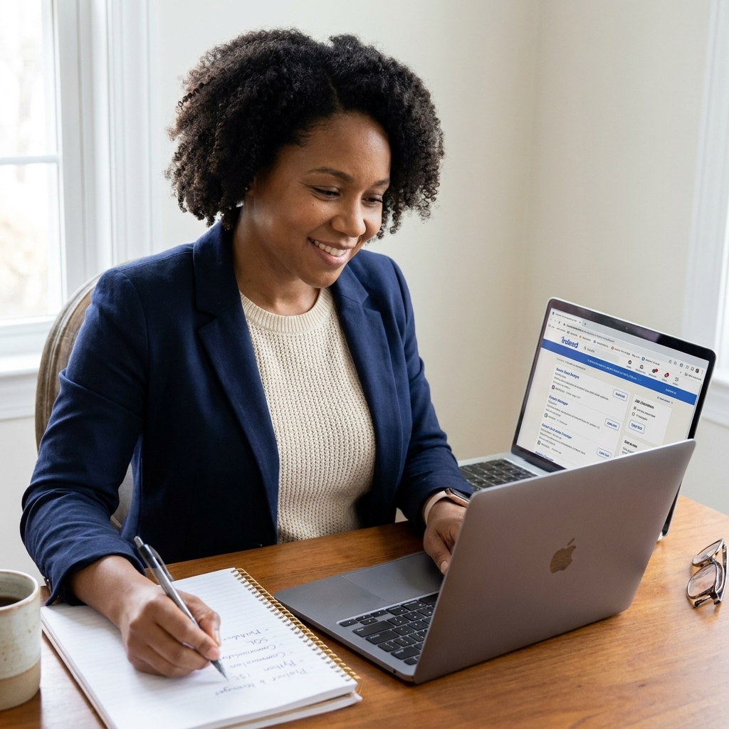 A person using a laptop at home with multiple job listings open on the screen while taking notes on required skills