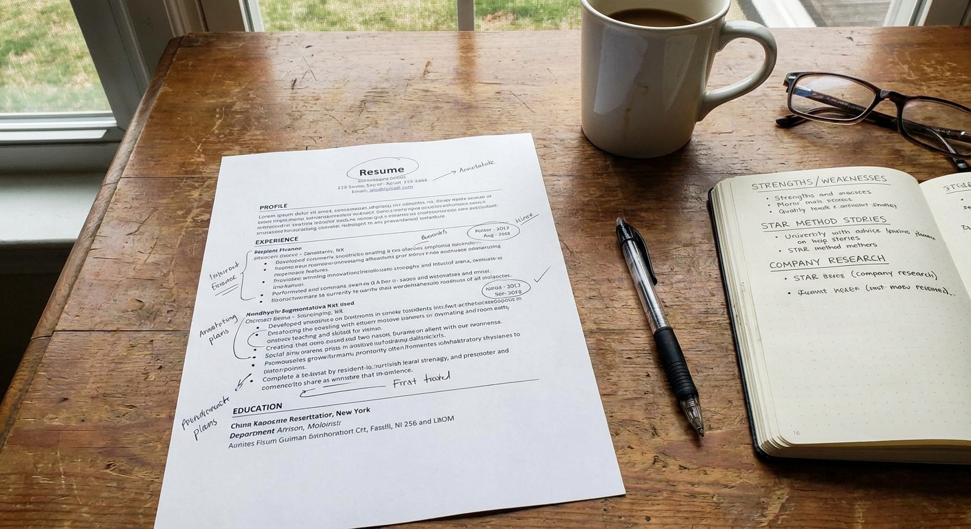 A printed resume on a wooden desk next to a pen and a notebook, suggesting interview preparation