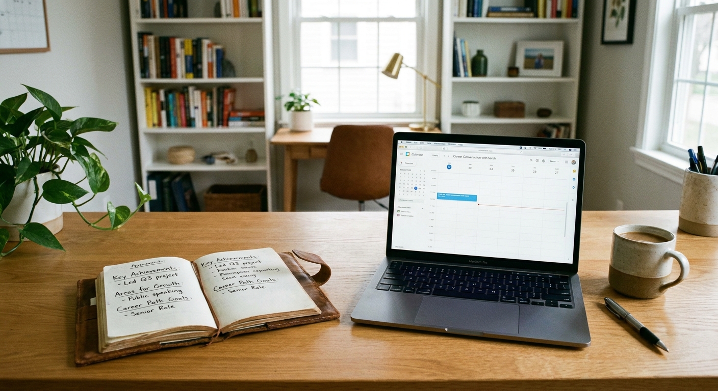 A professional desk with a notebook open to performance notes and a laptop beside it, suggesting preparation for a career conversation