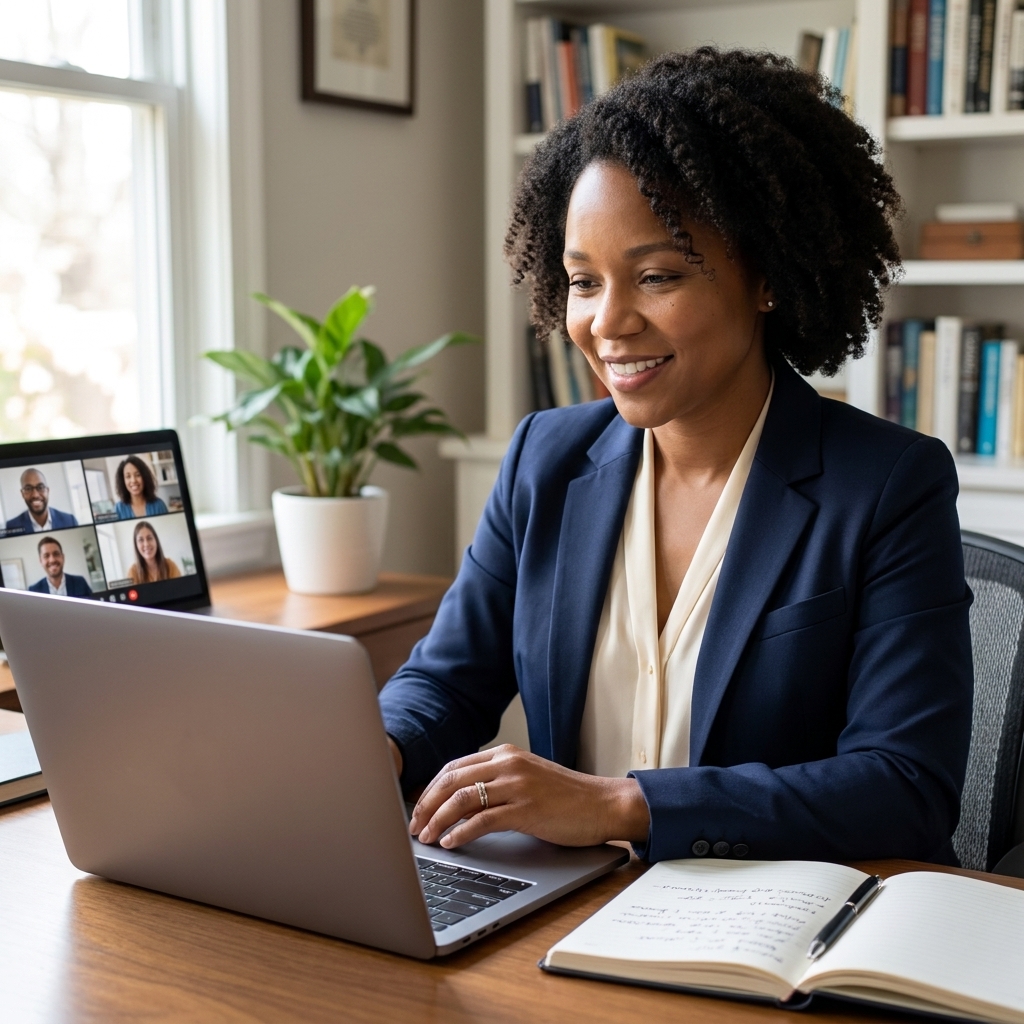 A professional home office with a laptop open on a video call screen, a notebook beside it, and soft daylight coming through a window