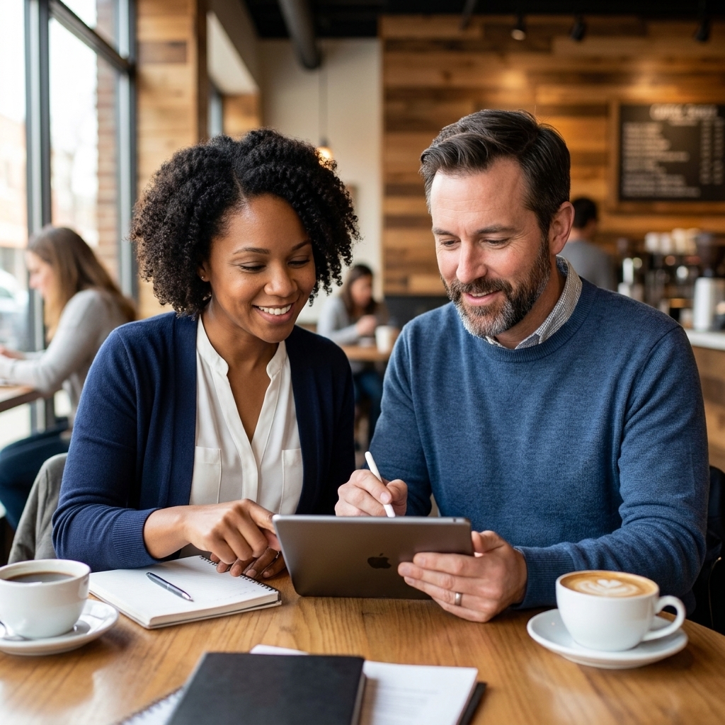 A professional in their 40s meeting a contact at a coffee shop, both reviewing notes on a tablet during an informal networking conversation