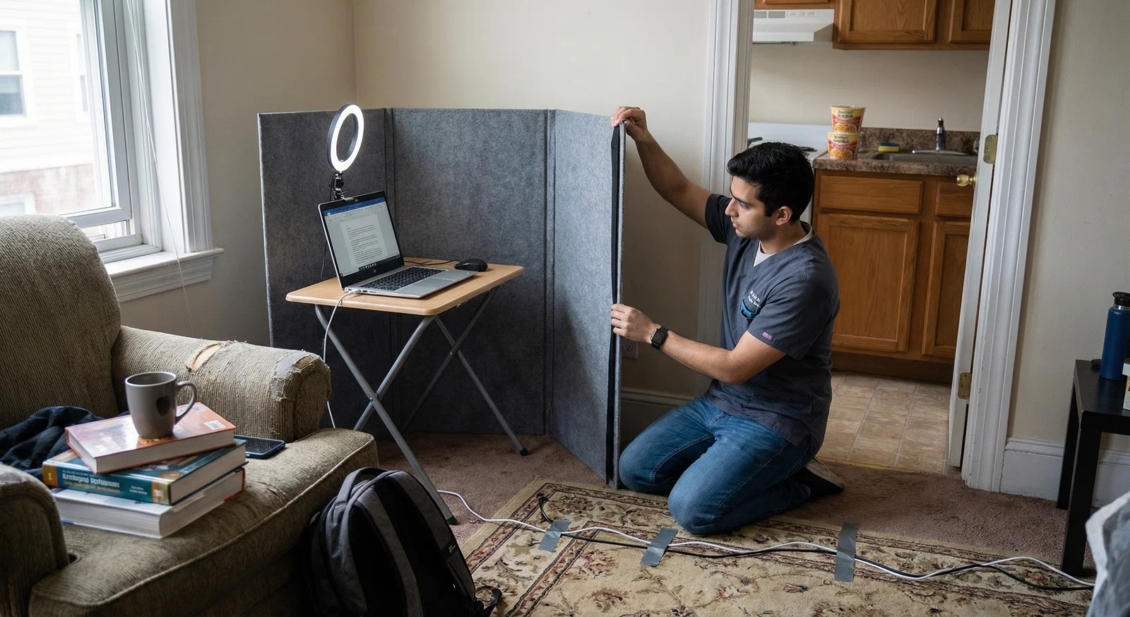 A professional-looking home office with a laptop on a desk, a webcam at eye level, and a neutral background during a video interview