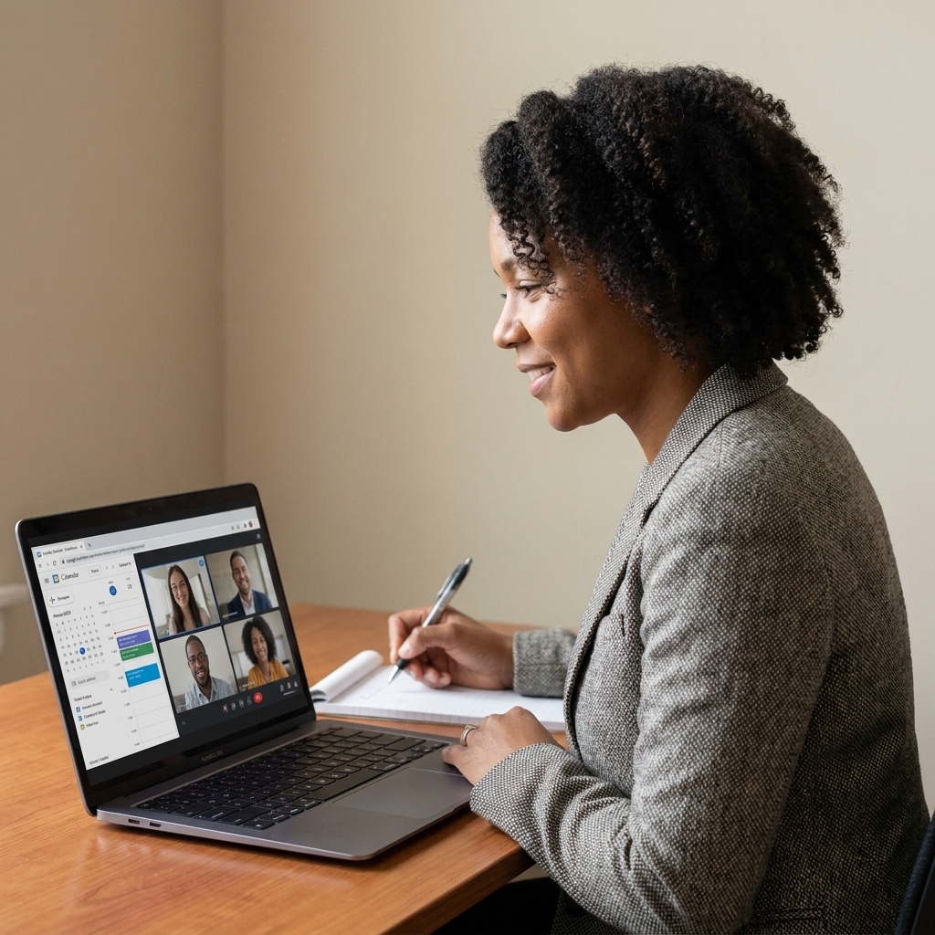 A professional on a laptop during a video call, taking notes with a pen while a digital calendar is open on the screen