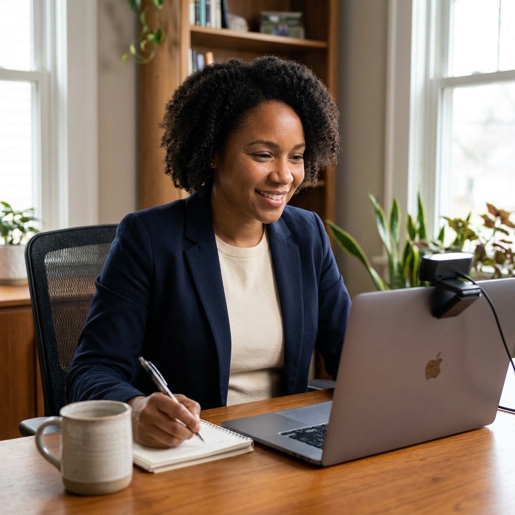 A professional on a video call at home, laptop open with a webcam, taking notes beside a mug on a quiet desk