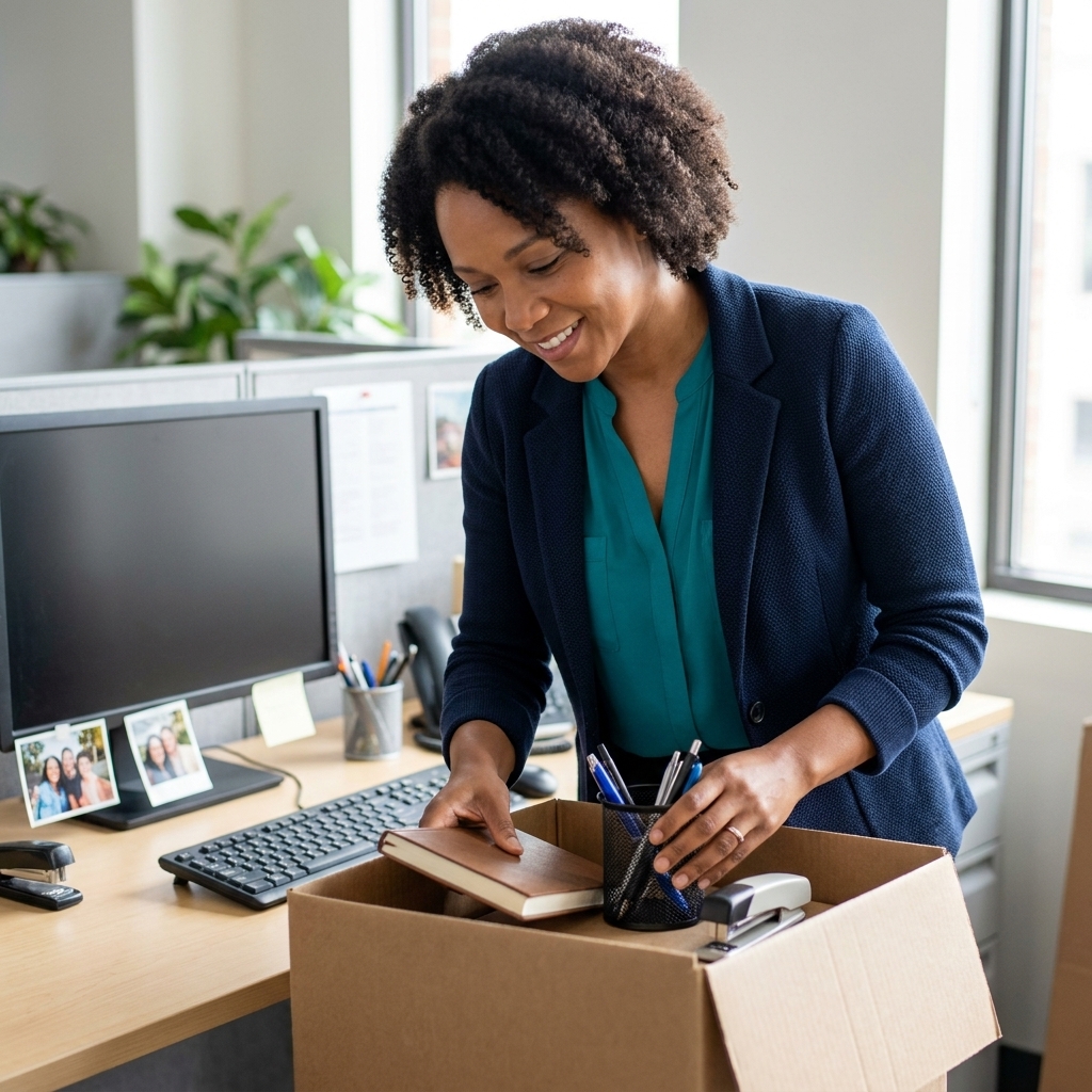A professional placing a notebook and desk items into a small box at an office desk