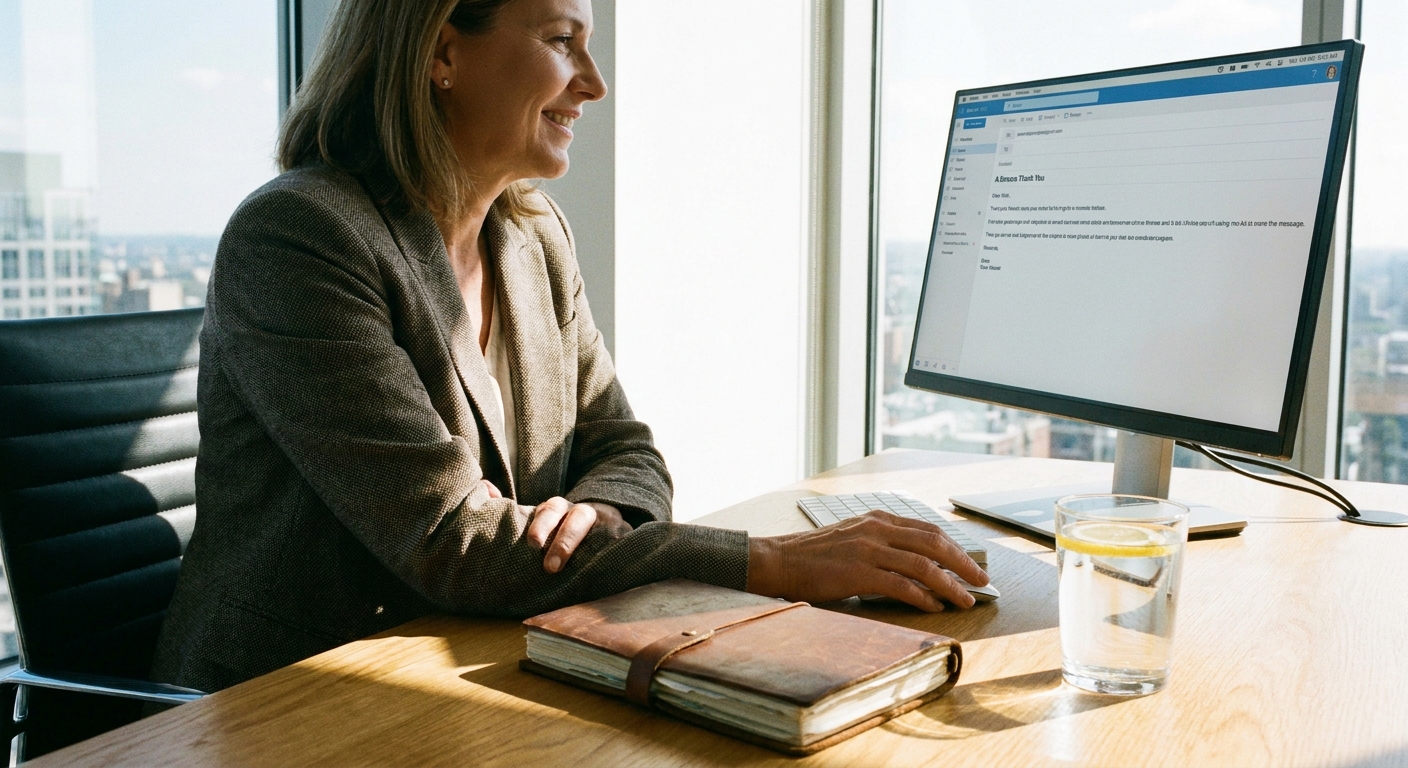 A professional seated at an office desk about to click send on a thank-you email, with a notebook and water glass nearby