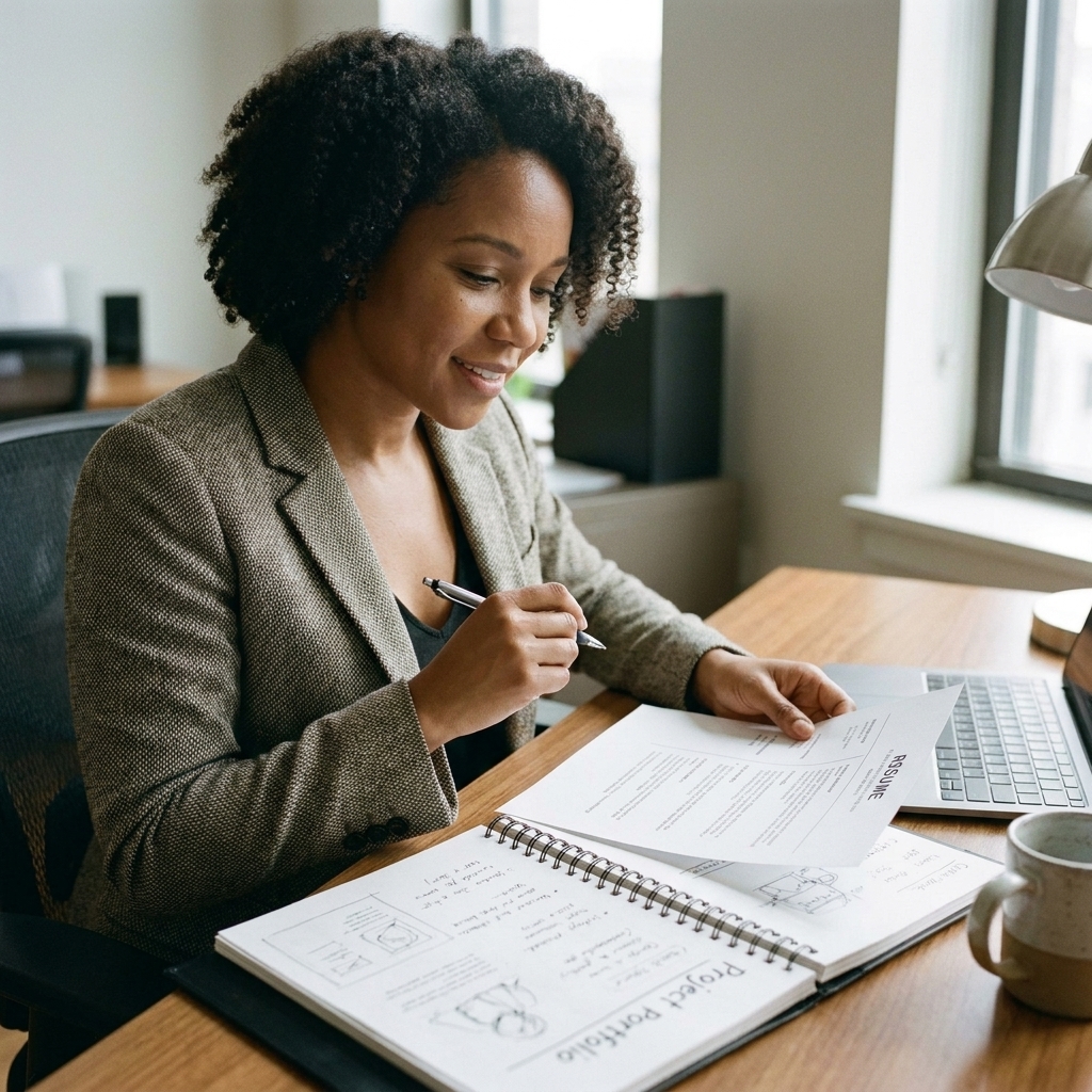 A professional sitting at a desk reviewing a printed resume and a project portfolio notebook with a pen in hand