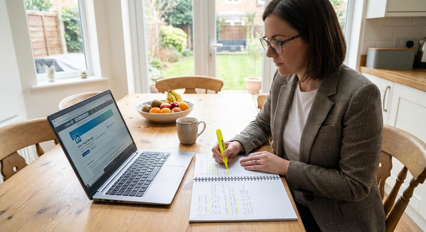 A professional sitting at a kitchen table with a laptop open to a job description, highlighting key requirements in a notebook beside the computer