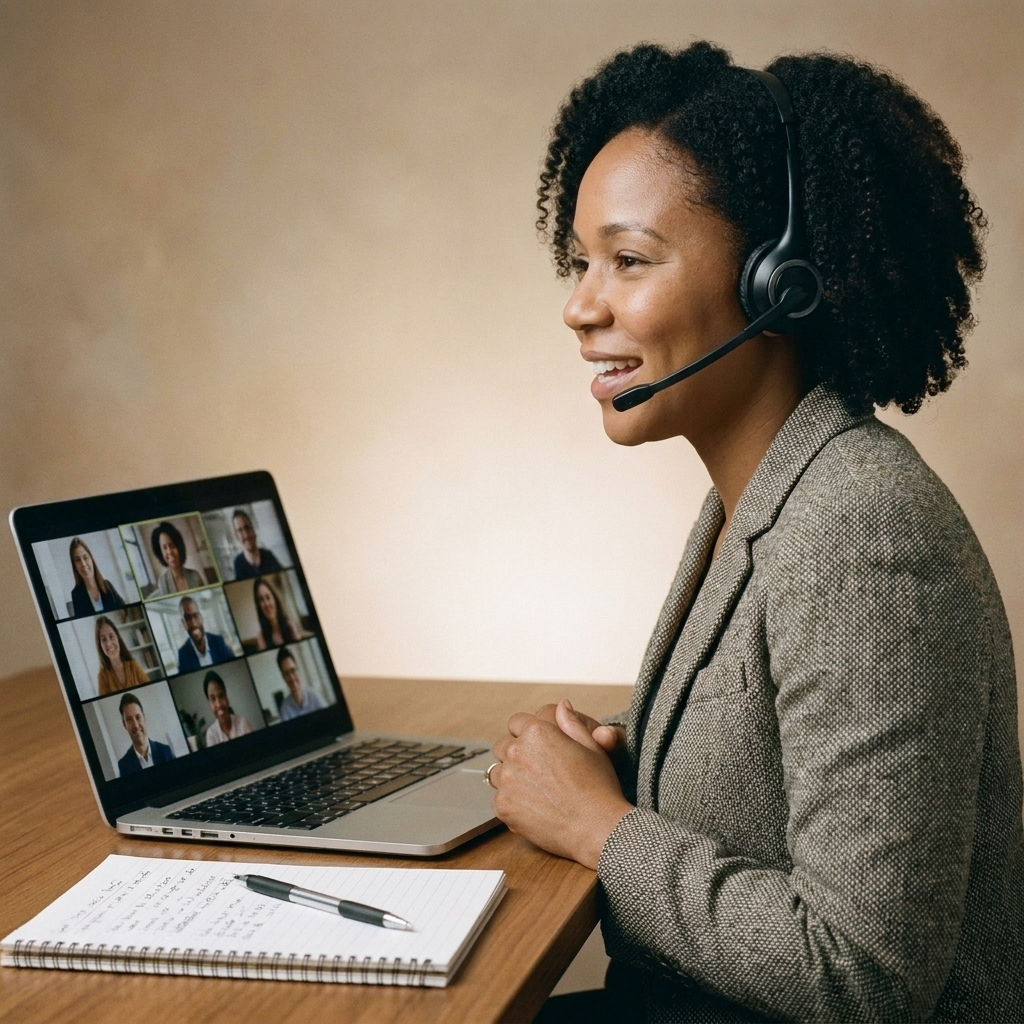 A professional wearing a headset speaking during an online networking session, with a laptop on a desk and a notepad open for taking notes