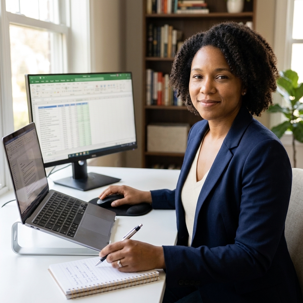 A professional working at a tidy home desk with a laptop, external monitor, and notebook during daytime