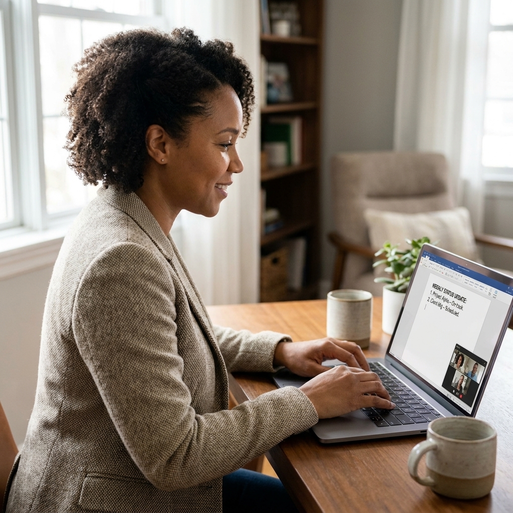 A professional working from home typing a concise weekly status update on a laptop, with a video call window minimized in the corner