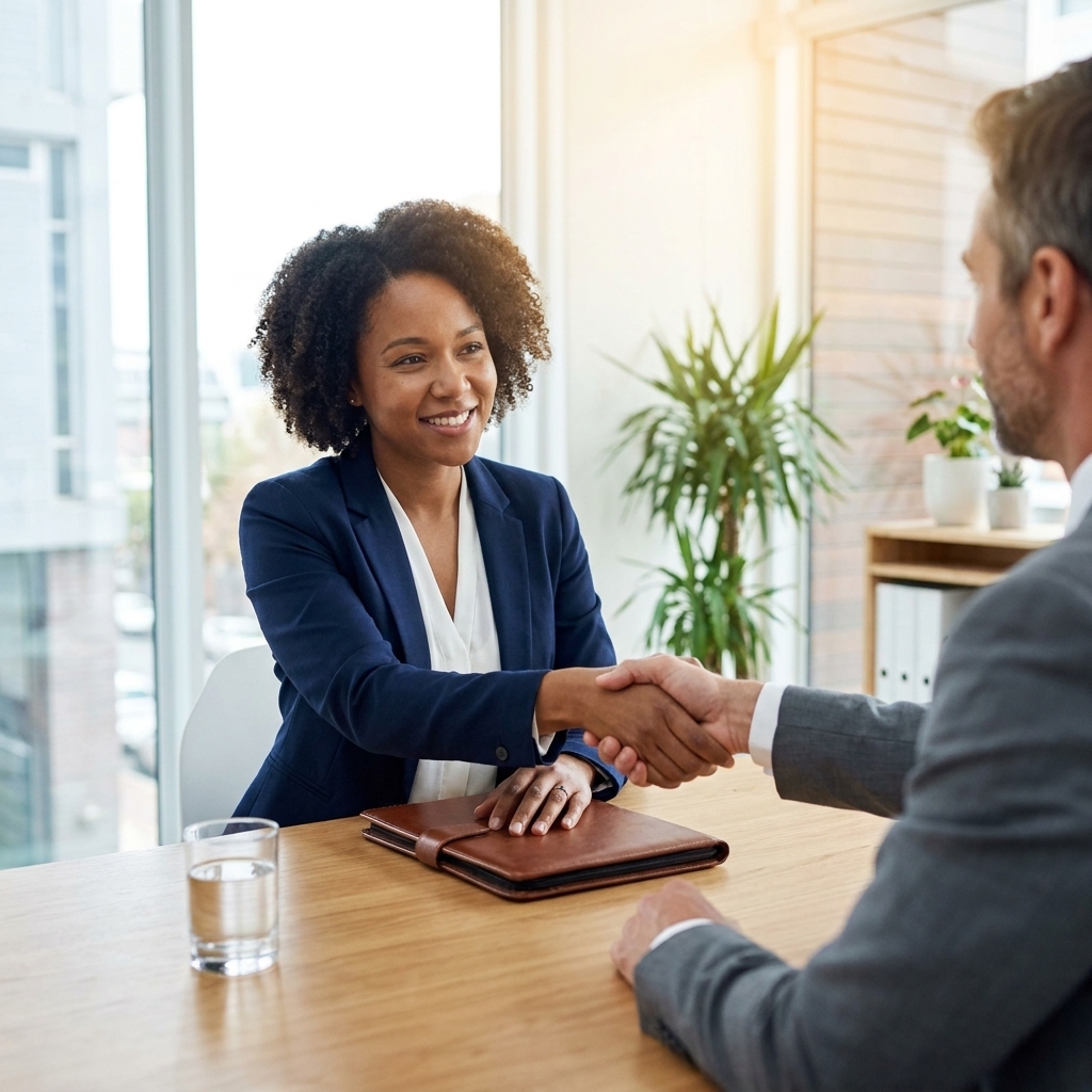 A recent college graduate in professional attire shaking hands with an interviewer across a desk in a bright office