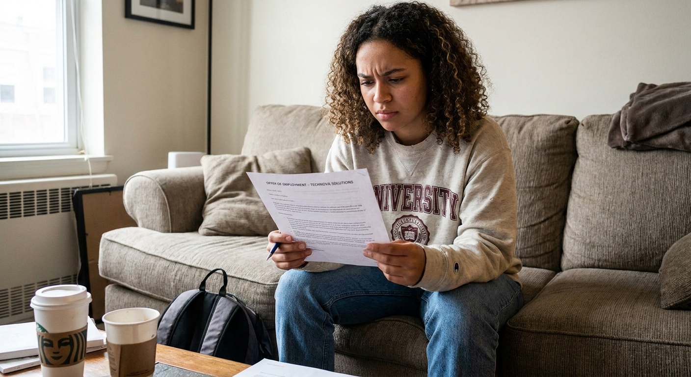 A recent college graduate sitting on a couch holding an offer letter and a pen, looking focused while reviewing the details