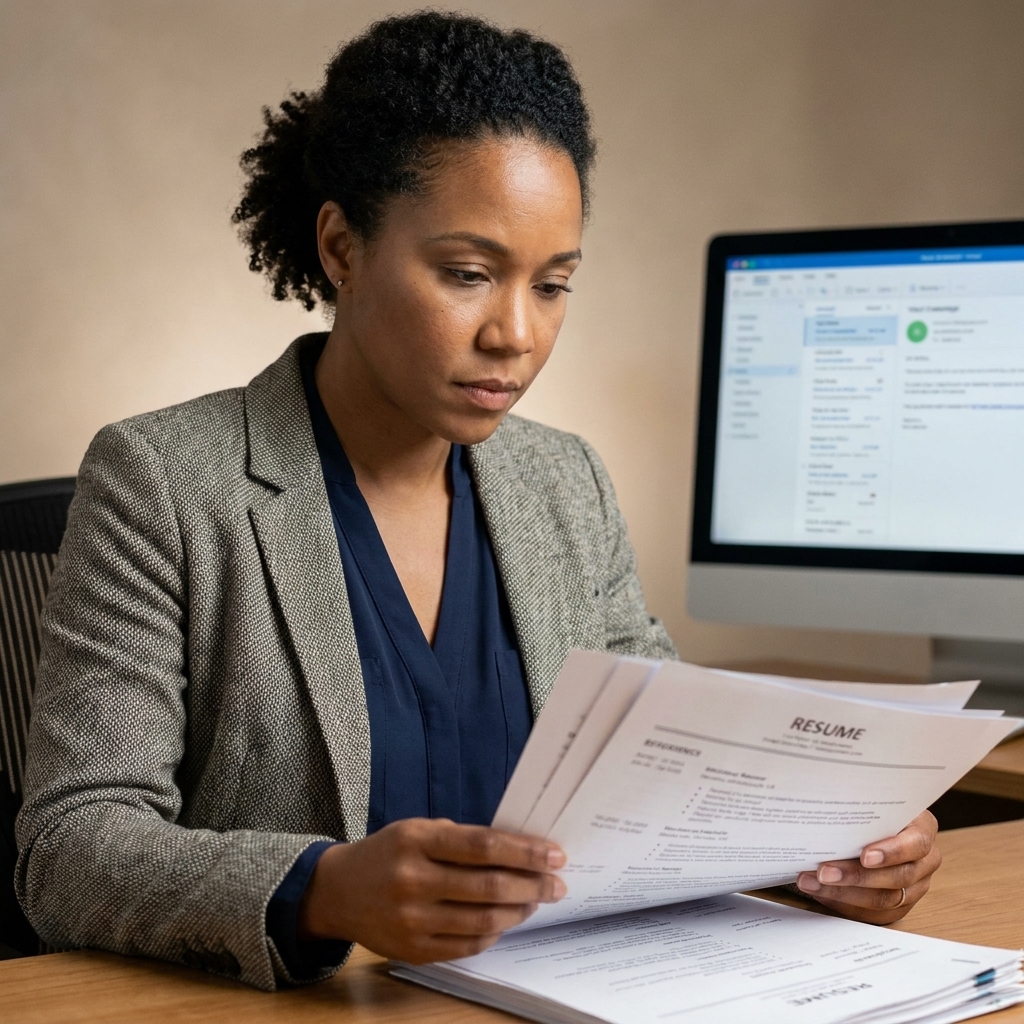 A recruiter at a desk reviewing a stack of resumes with a computer monitor in the background