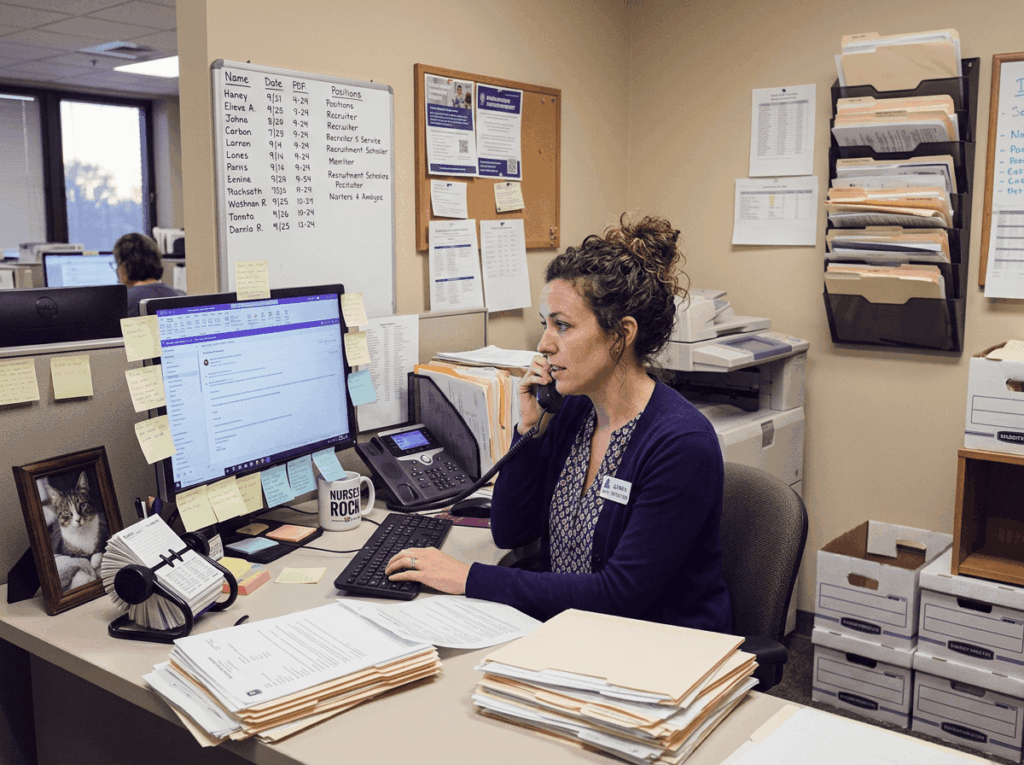 A recruiter at an office desk reviewing a candidate LinkedIn profile on a computer monitor