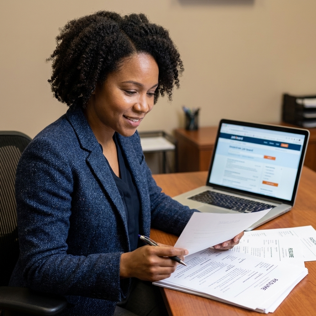 A recruiter at an office desk reviewing printed resumes with a laptop open, professional workplace photo