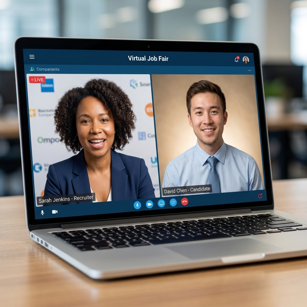 A recruiter on a laptop screen speaking with a job candidate on a video call, both appearing professional and attentive in a virtual job fair conversation