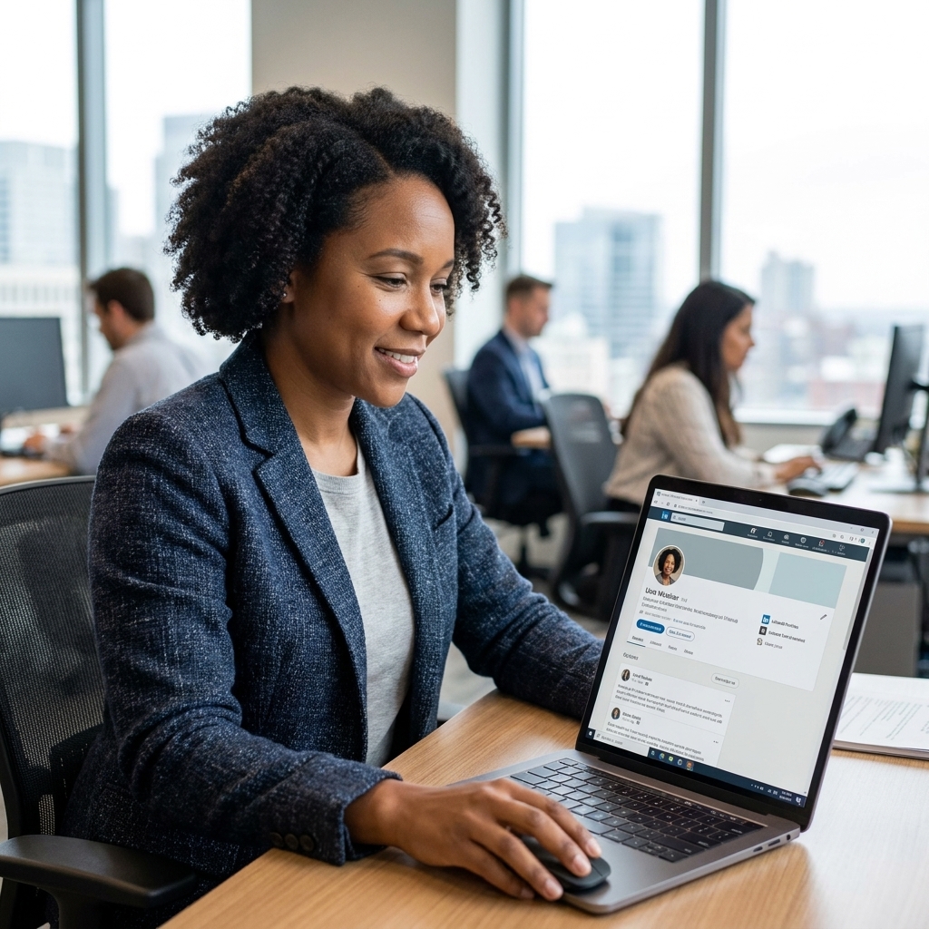 A recruiter reviewing a candidate profile on a laptop during the workday in an office setting