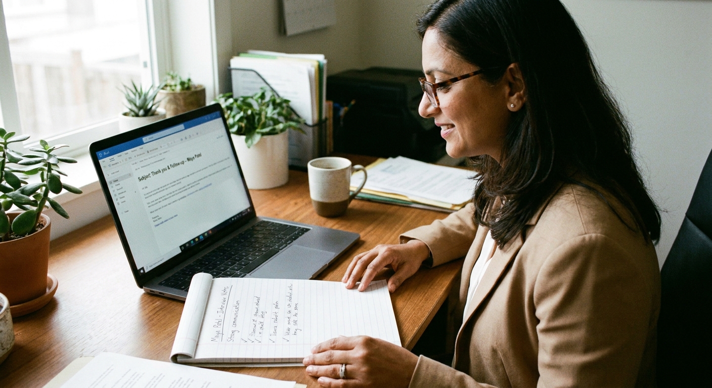 A recruiter sitting at a desk with a laptop, reading a candidate follow-up email while reviewing a notepad of interview notes