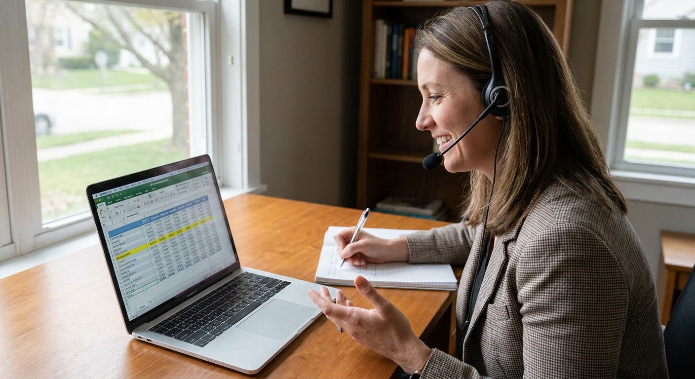 A recruiter speaking on a phone headset at a desk with a laptop open, taking notes during a compensation discussion