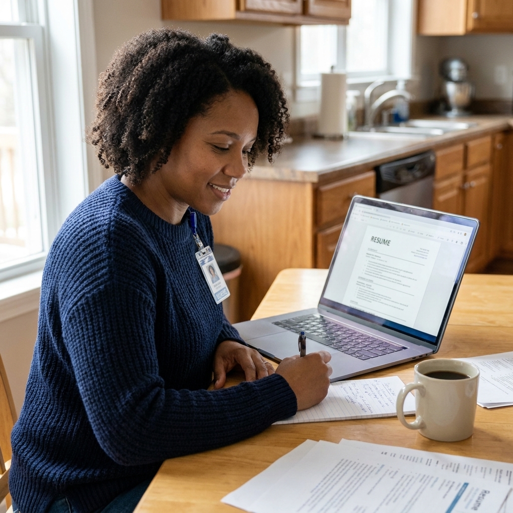 A registered nurse at a kitchen table updating a resume on a laptop and reviewing notes