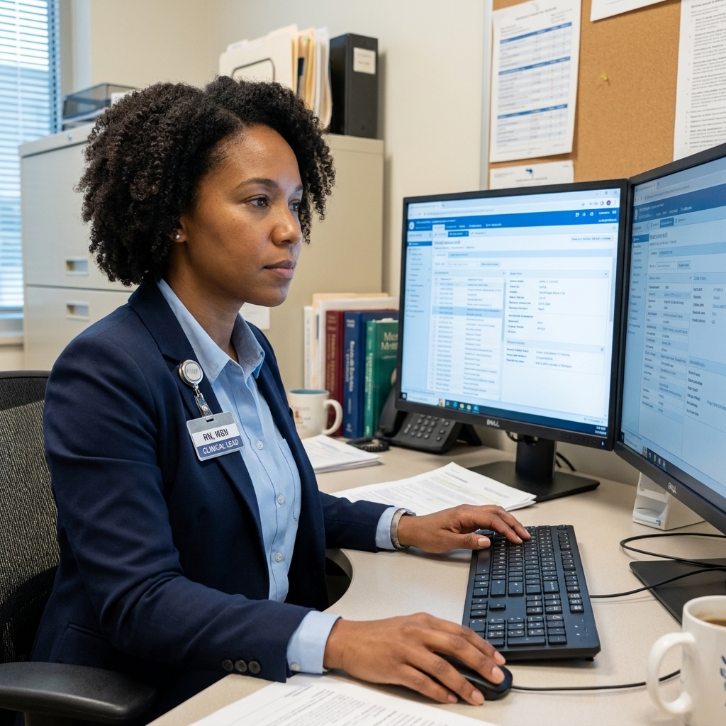 A registered nurse in business casual reviewing electronic health record screens on a desktop computer in a hospital office