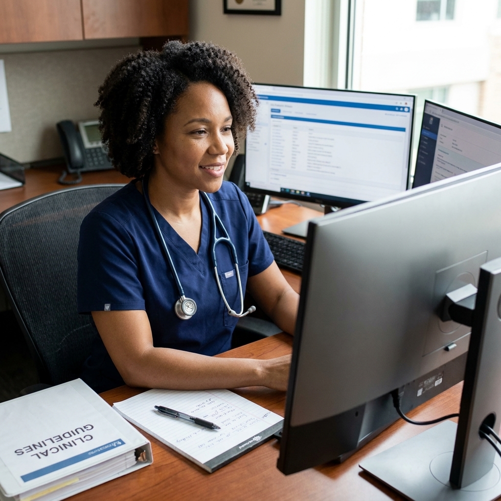 A registered nurse reviewing a patient chart on dual monitors at an office desk with a notepad and clinical guidelines binder