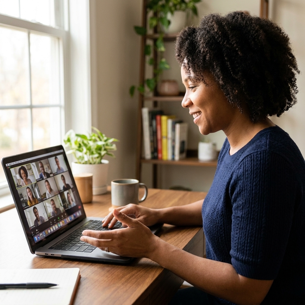A remote employee seated at a home office desk participating in a video call on a laptop