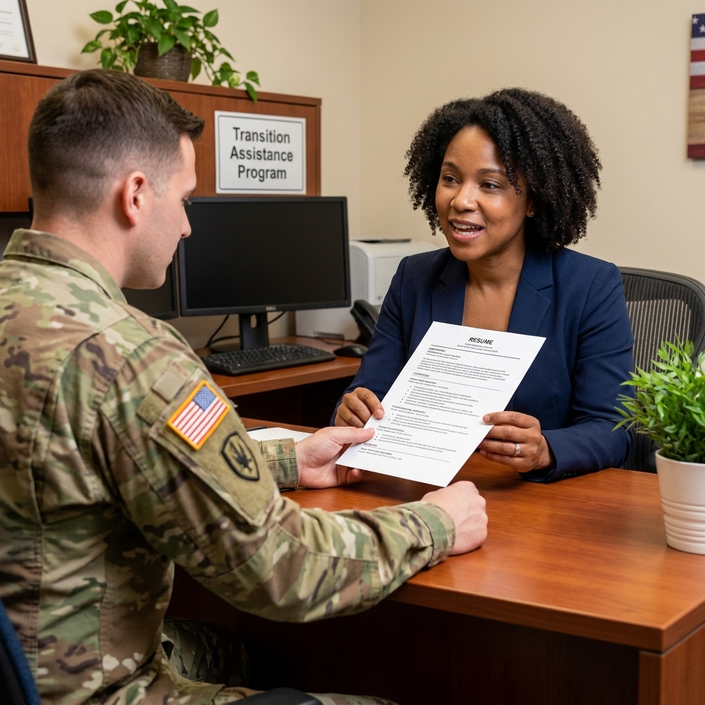 A service member in uniform speaking with a career counselor at a transition assistance office while reviewing a printed resume