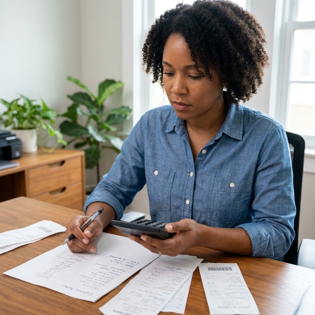 A small business owner using a calculator while reviewing handwritten expense notes at a desk