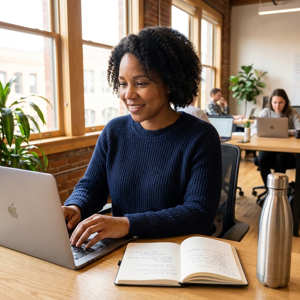 A software developer working on a laptop in a bright coworking space with a notebook and a reusable water bottle on the desk