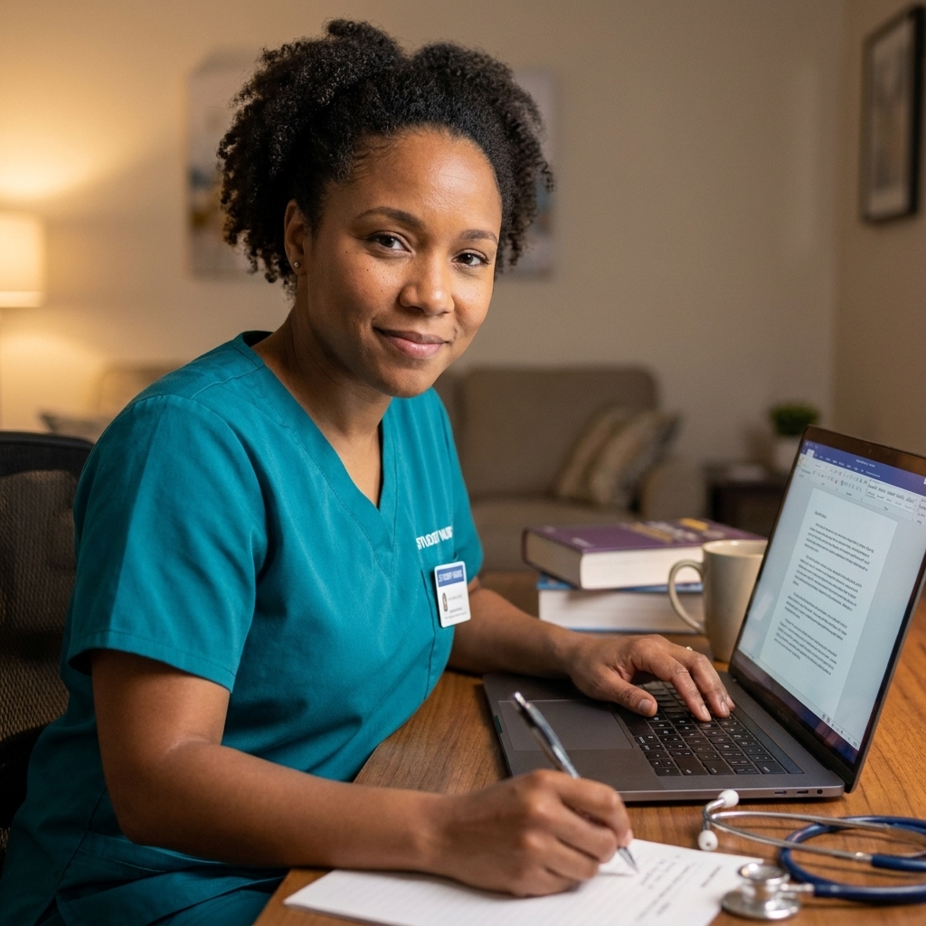 A student in scrubs writing a scholarship essay at a desk with a laptop open and a pen in hand