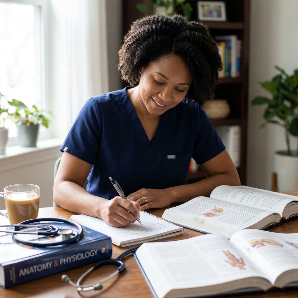 A student nurse studying at a desk with open textbooks and a stethoscope nearby, focused and taking notes