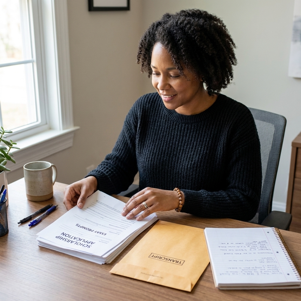 A student organizing scholarship application forms, a transcript envelope, and a notebook on a tidy desk