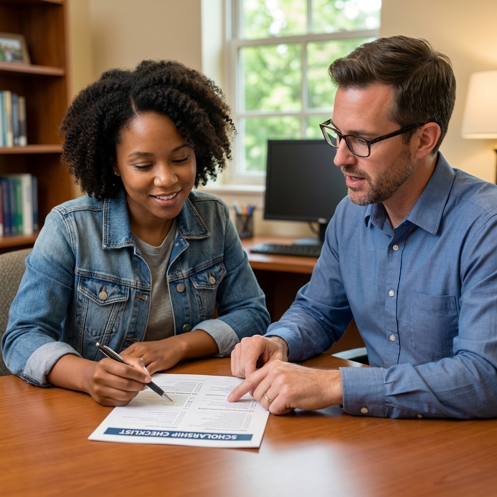 A student sitting across a desk from a financial aid advisor in a campus office, both looking at a printed checklist and discussing scholarship options
