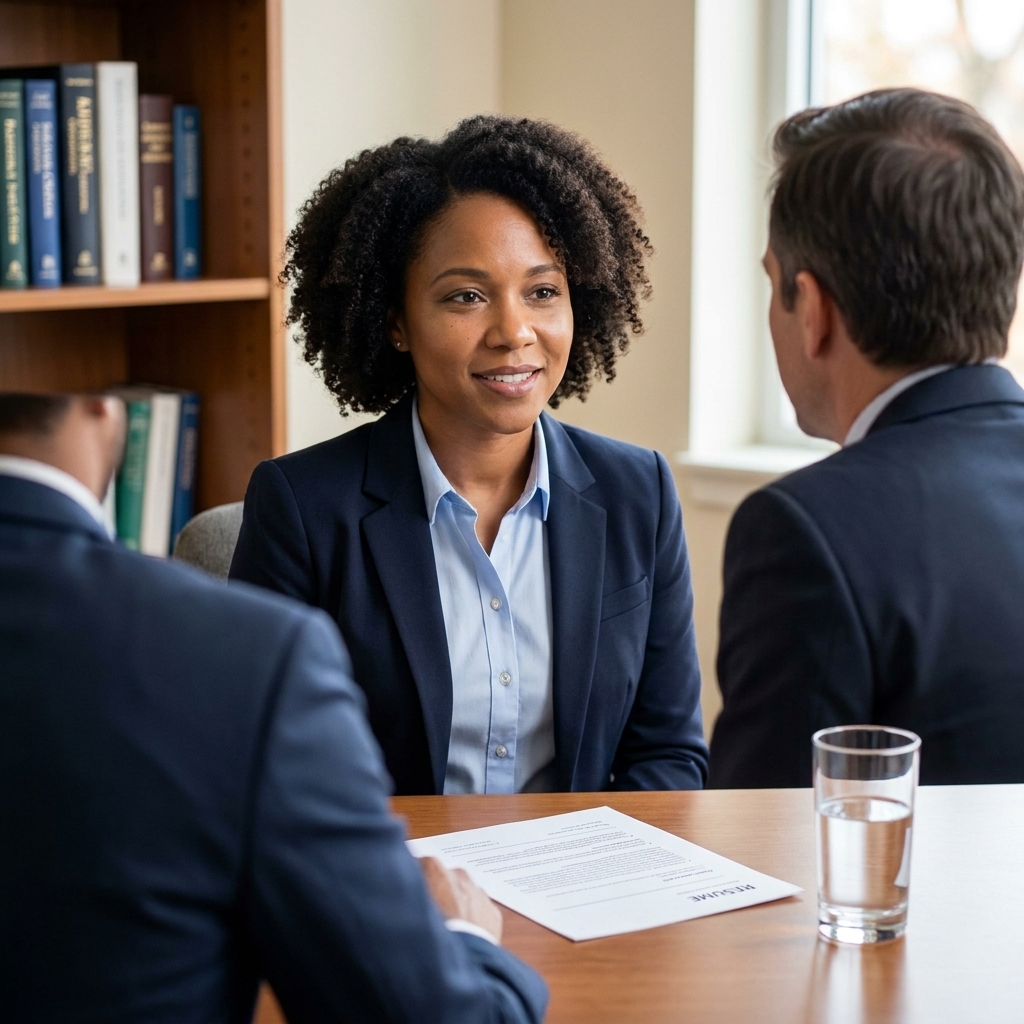 A student sitting across from a supervisor in a campus office during a job interview, with a resume on the desk and a neutral professional setting