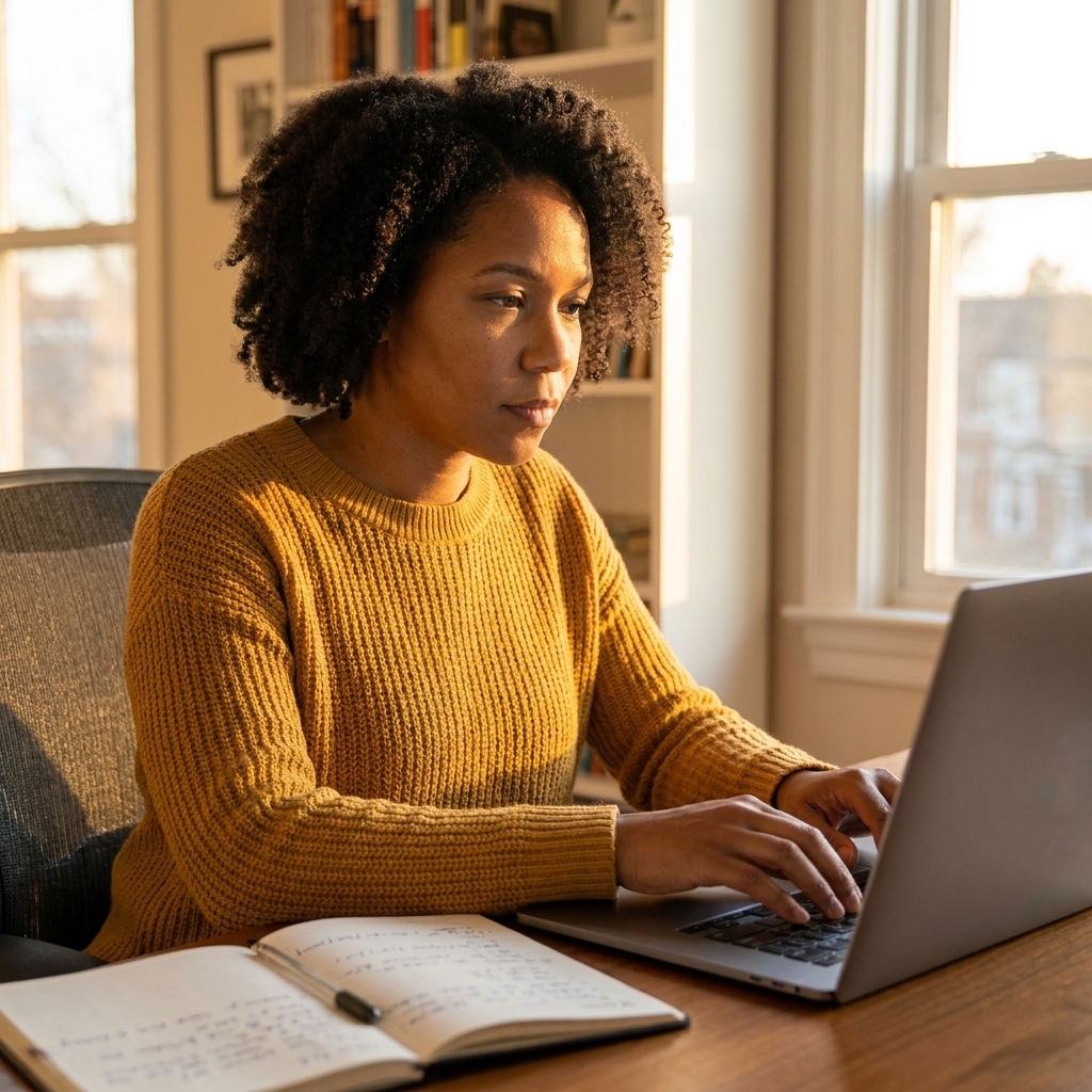 A student sitting at a desk in late afternoon, typing an essay on a laptop with a notebook open beside them, focused and thoughtful