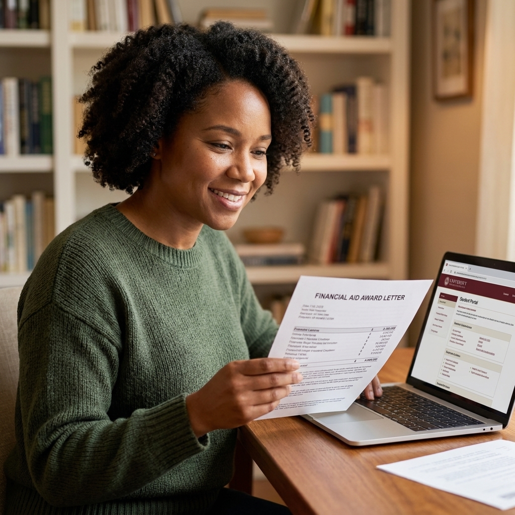 A student sitting at a desk reviewing a printed financial aid award letter with a laptop open nearby