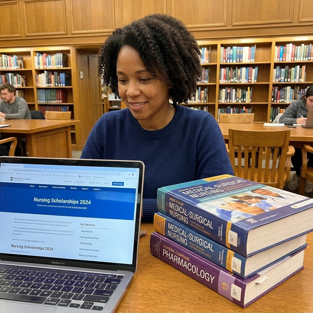 A student using a laptop at a library table while searching for scholarships, with nursing textbooks stacked nearby
