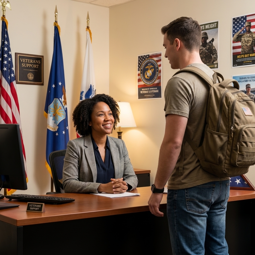 A student veteran wearing a backpack talking with a campus staff member in a veterans support office