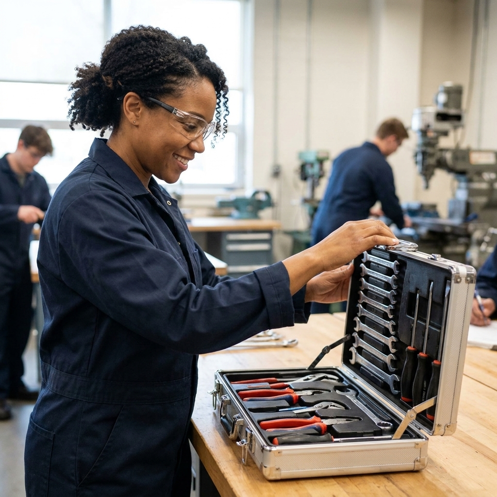 A trade school student opening a tool kit on a classroom workbench, with hand tools neatly arranged