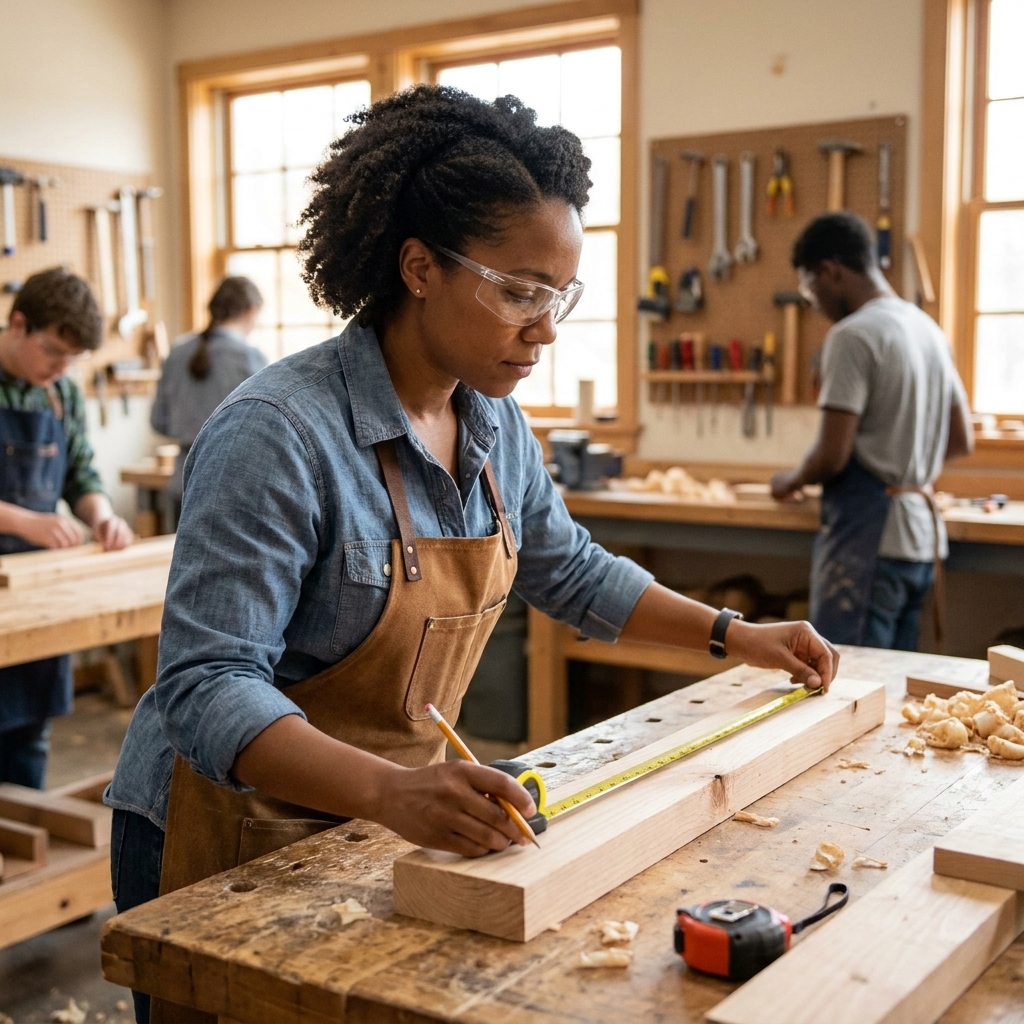A trade school student wearing safety glasses uses a measuring tape at a woodworking bench in a workshop classroom.
